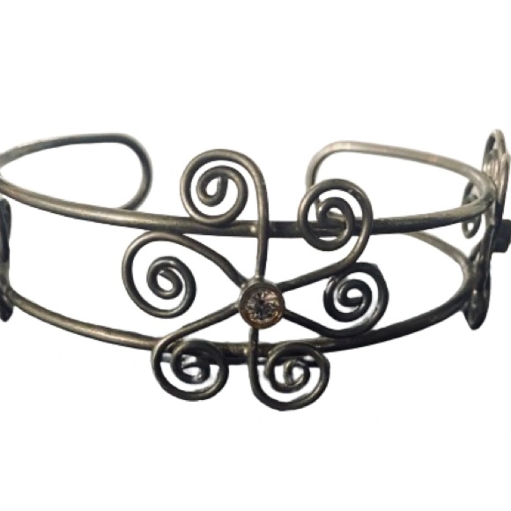 Vintage Upper Arm Cuff Metal Floral Swirls w/ Crystals Adjustable Rare F…